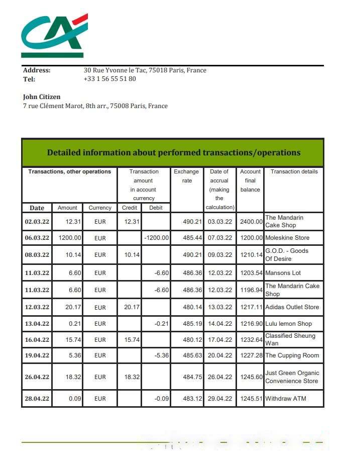France Credite Agricole Bank statement xls download template file