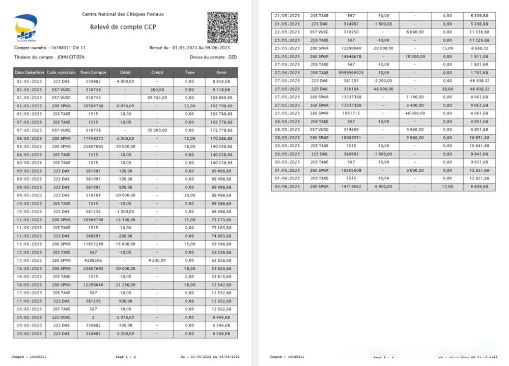 France France National Center for Postal Checks CCP account statement Word and PDF template download template file