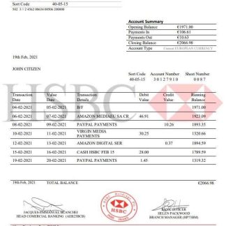 France HSBC bank statement template in .doc and .pdf format download template file