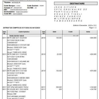 France NSIA Banque statement Word and PDF template, 4 pages download template file