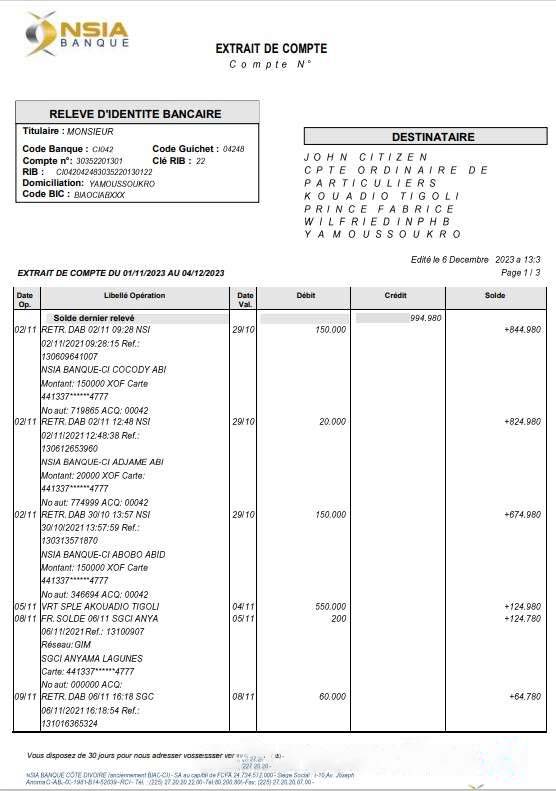 France NSIA Banque statement Word and PDF template, 4 pages download template file