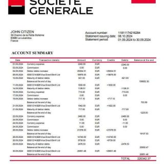 France Soci??t?? G??n??rale bank statement template, Word and PDF format download template file