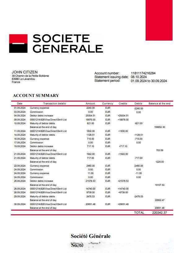 France Soci??t?? G??n??rale bank statement template, Word and PDF format download template file