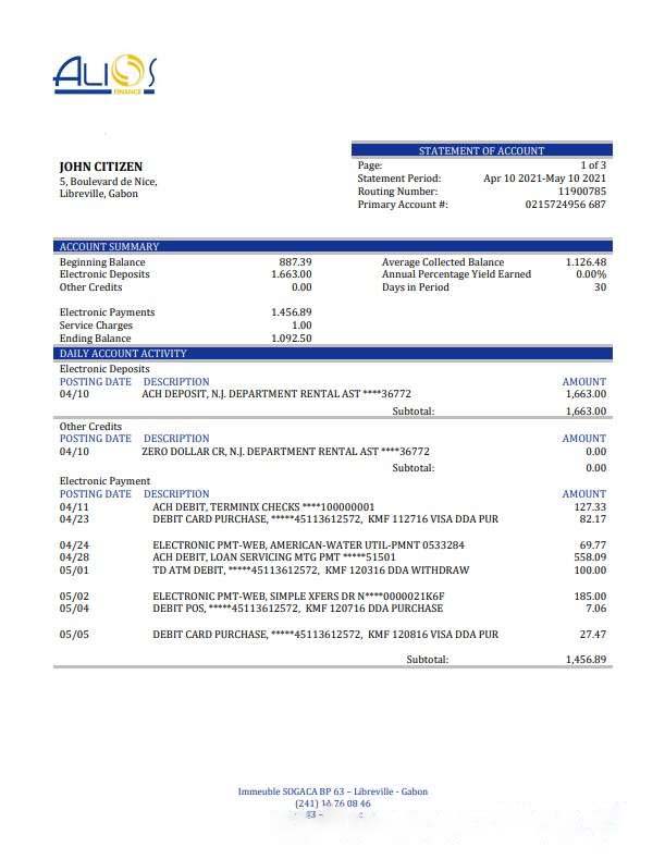 Gabon Alios Finance bank statement template, Word and PDF format download template file