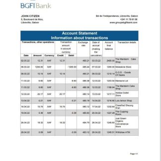 Gabon BGFI bank statement template, Excel and PDF format download template file