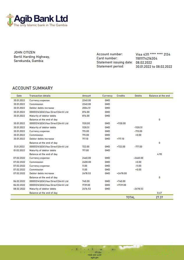 Gambia Arab Gambian Islamic Bank statement.doc download template file