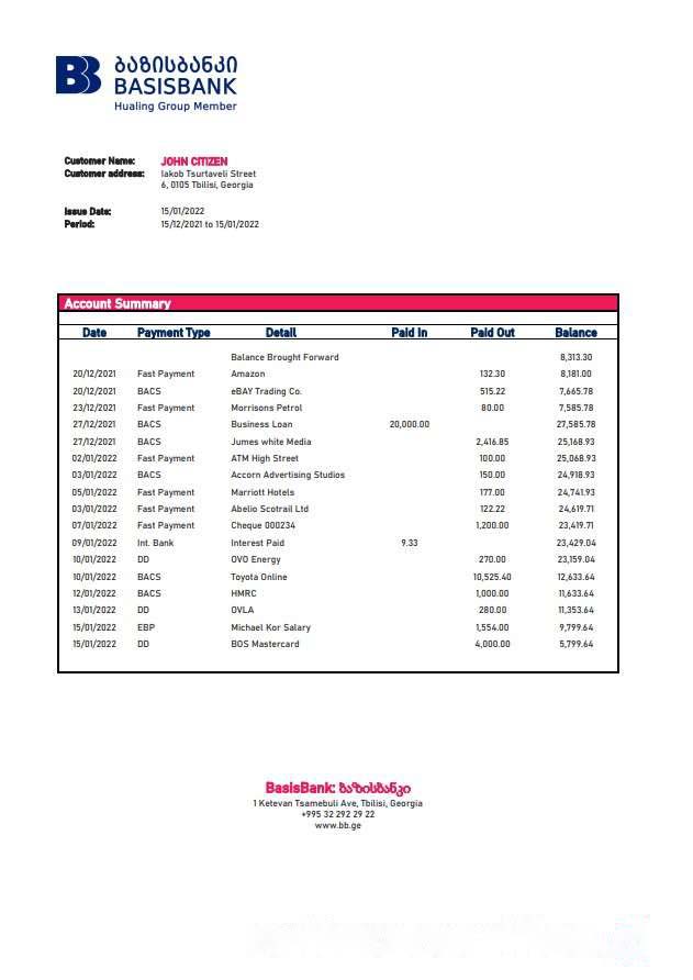 Georgia Basis Bank statement download template file