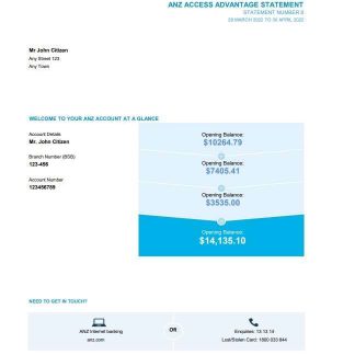 Australia ANZ bank statement easy to fill template in Excel and PDF format, 2 pages download template file