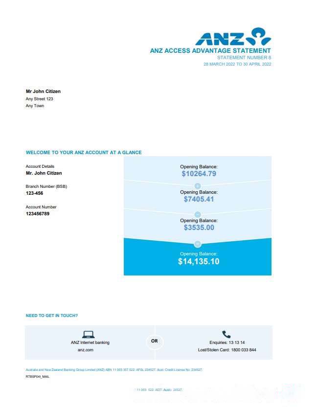 Australia ANZ bank statement easy to fill template in Excel and PDF format, 2 pages download template file