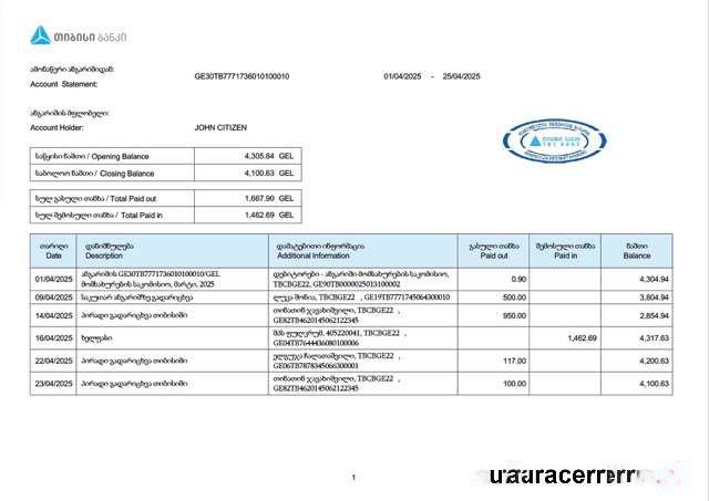 Georgia TBC Bank account statement Word and PDF template download template file