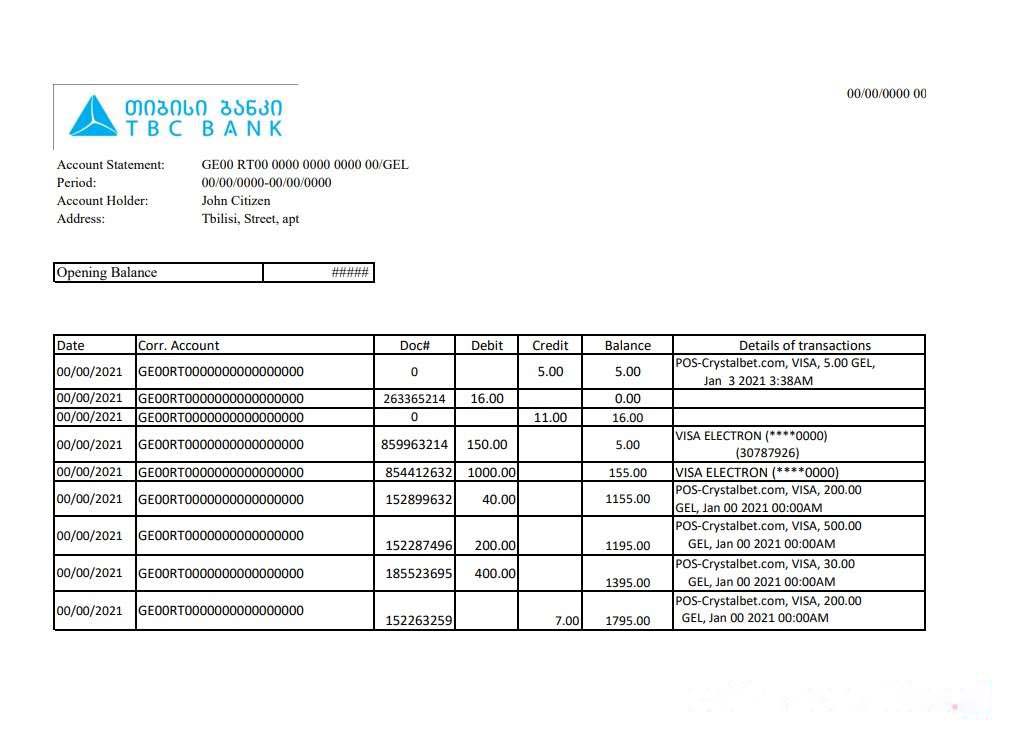 Georgia TBC Bank statement easy to fill template in Excel and PDF format download template file