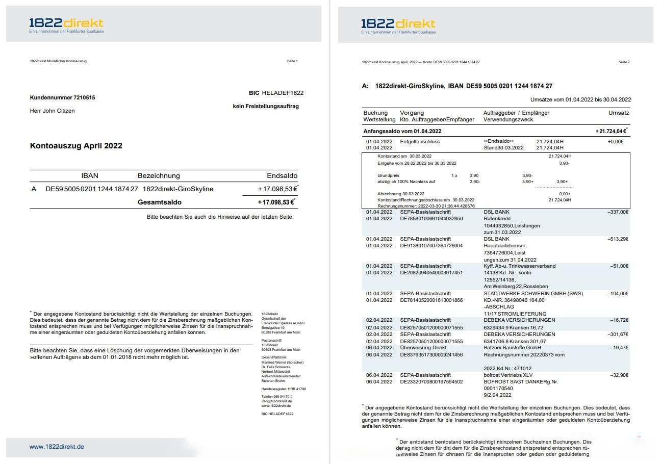 Germany 1822direkt bank statement on Dautsch, 6 pages download template file