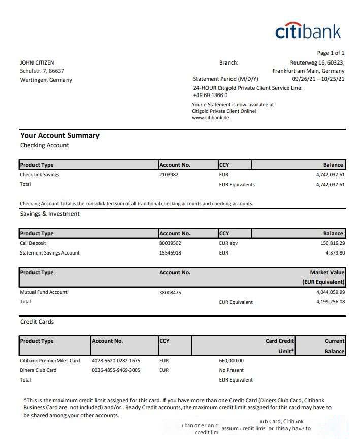 Germany Citibank bank account statement template in Excel and PDF format download template file
