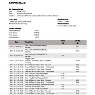 Germany Commerzbank bank statement template, Word and PDF format download template file