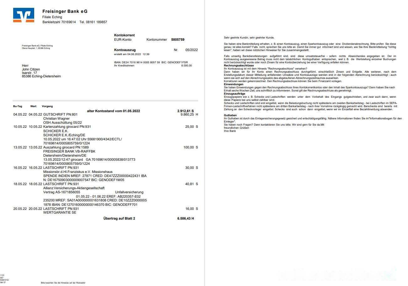 Germany Freisinger Bank eG statement 2 pages download template file