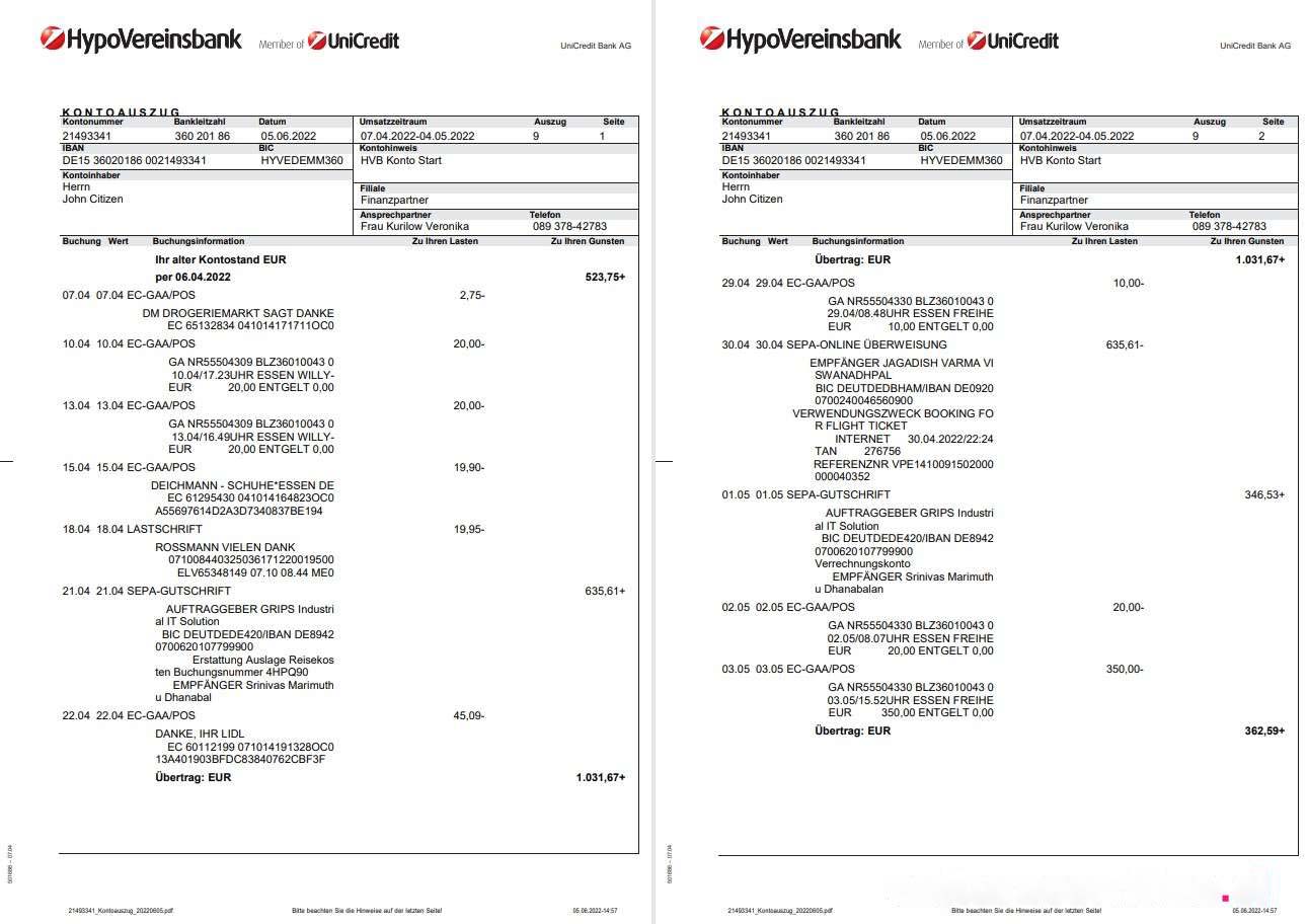 Germany HypoVereinsbank statement on Deutsch, 3 pages download template file