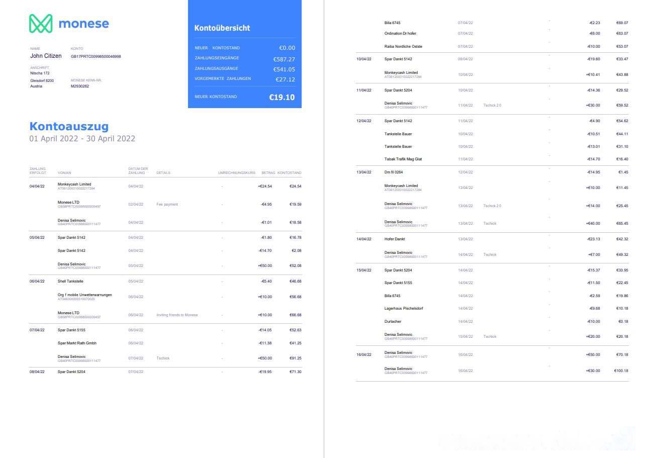 Germany Monese bank statement on Deutsch, 3 pages download template file