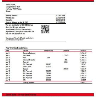 Ghana Zenith proof of address bank statement download template file