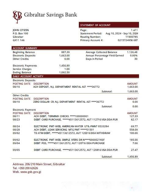 Gibraltar Savings Bank statement scr download template file