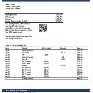 Greece Attica bank statement template, Word and PDF format download template file