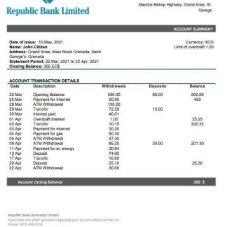 Grenada Republic bank statement template, Word and PDF format download template file