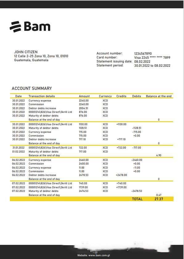 Guatemala Agromercantil bank statement template, Word and PDF format download template file