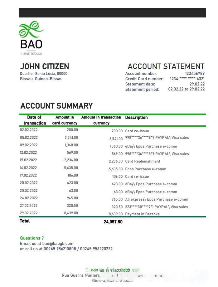 Guinea Bissau Banco da Africa Ocidental bank statement xls download template file