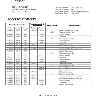 Guinea Bissau Banco da Uniao bank statement download template file