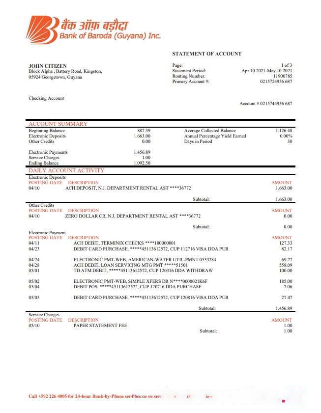 Guyana Bank of Baroda statement download template file