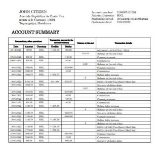 Honduras Banco Atlantida Bank statement template, Word and PDF format download template file