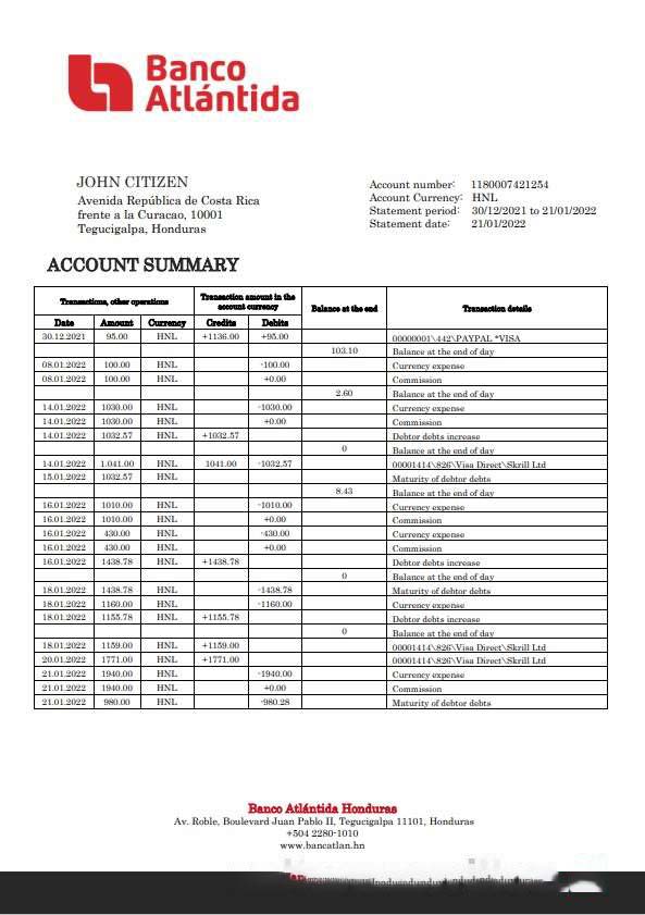 Honduras Banco Atlantida Bank statement template, Word and PDF format download template file