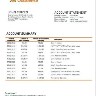 Honduras Banco de Occidente Bank statement template in Word and PDF format download template file