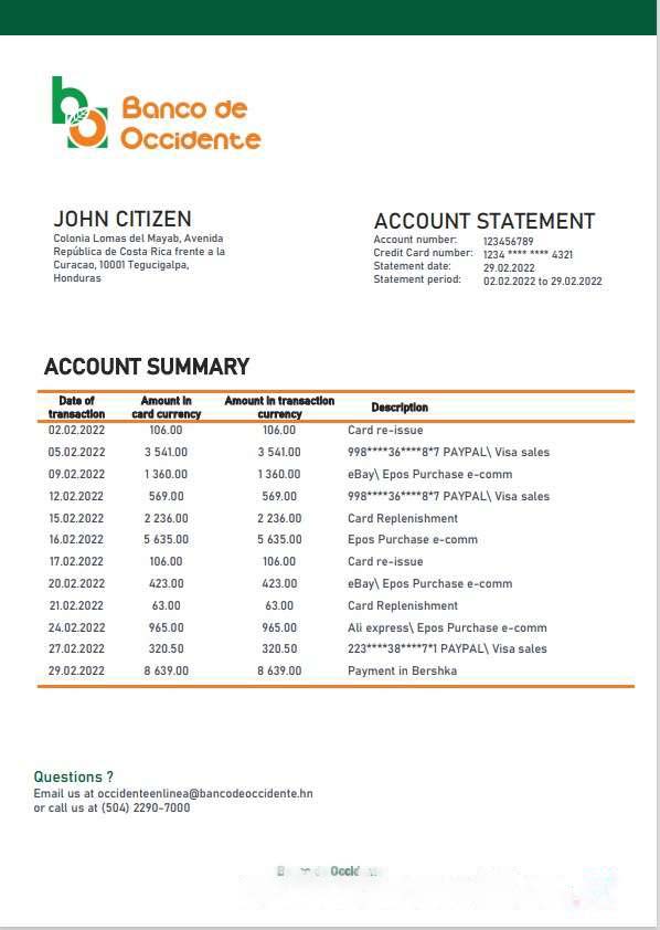Honduras Banco de Occidente Bank statement template in Word and PDF format download template file