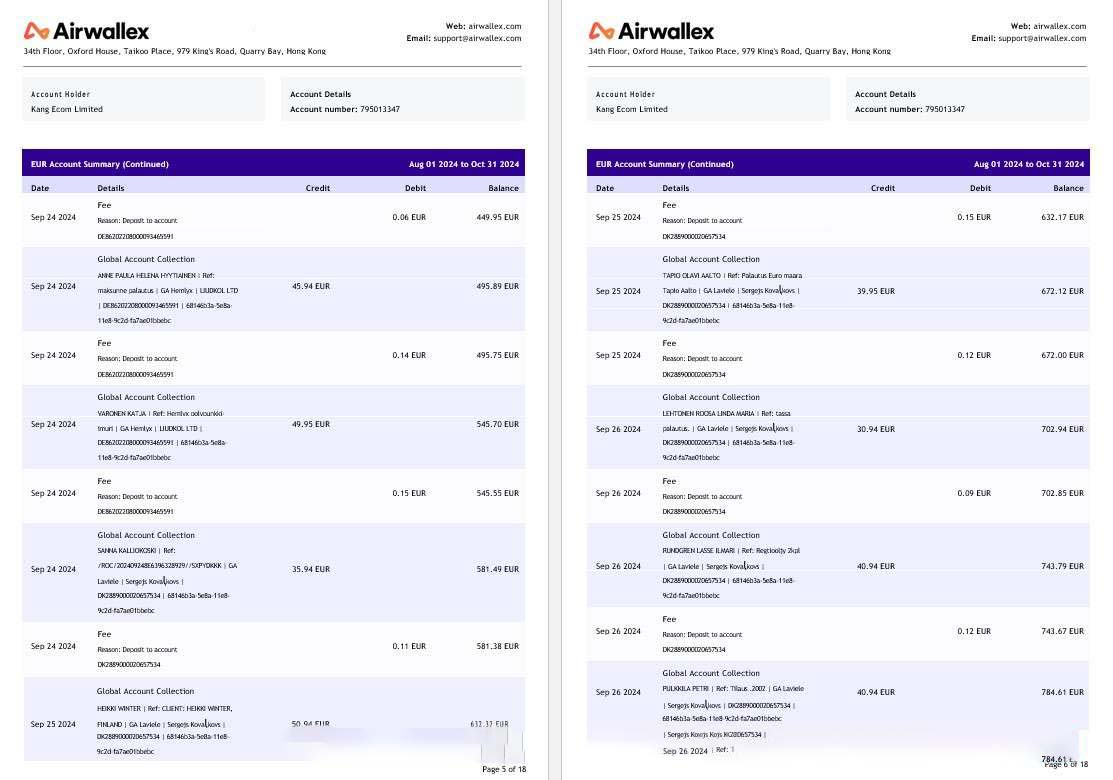 Hong Kong Airwallex Limited account statement, 18 pages 3 download template file
