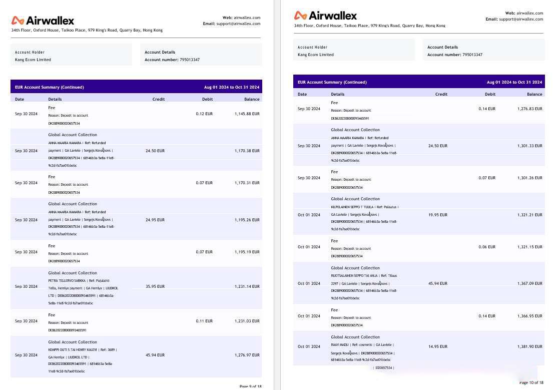 Hong Kong Airwallex Limited account statement, 18 pages 5 download template file