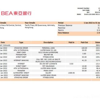 Hong Kong BEA bank statement template, Word and PDF format download template file