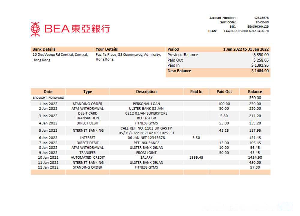 Hong Kong BEA bank statement template, Word and PDF format download template file