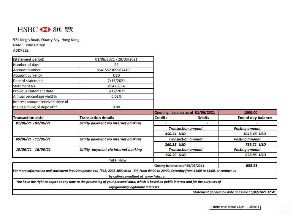 Hong Kong HSBC bank statement easy to fill template in .xls and .pdf file format download template file