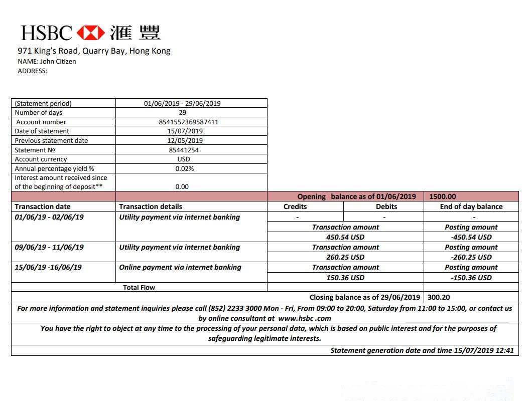 Hong Kong HSBC bank statement easy to fill template in Word and PDF format download template file