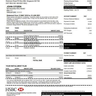 Hong Kong HSBC bank Visa Platinum credit card statement template in .xls and .pdf file format download template file