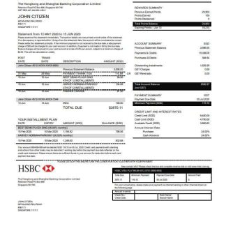 Hong Kong HSBC bank Visa Platinum credit card statement template in Word and PDF format download template file