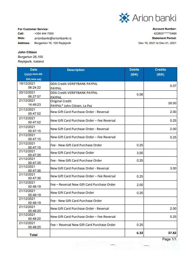 Iceland Arion Bank statement easy to fill template in .xls and .pdf file format download template file