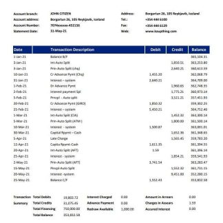 Iceland Kaupthing Bank statement easy to fill template in Excel and PDF format download template file