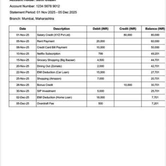 India ABC Bank statement Word and PDF template download template file