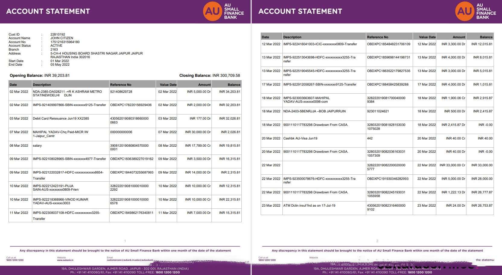 India AU Small Finance bank statement 5 pages download template file