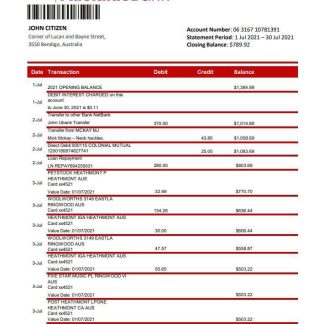 Australia Bendigo and Adelaide Bank bank statement xls download template file