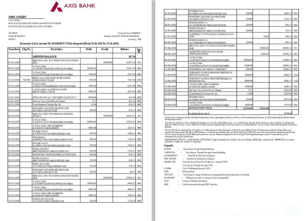India Axis bank statement template, Word and PDF format, 2 pages, version 2 download template file
