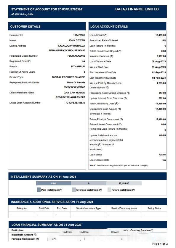 INDIA BAJAJ FINANCE LIMITED bank statement template, Word and PDF format download template file
