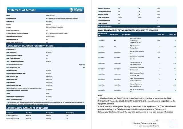 India Bajaj Finserv statement of account Word and PDF template, 2 pages download template file