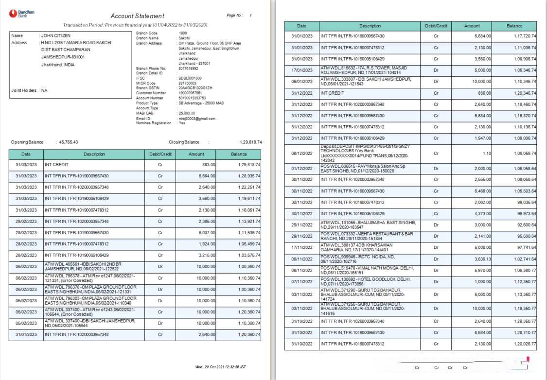 India Bandhan bank statement Word and PDF template, 4 pages 1 2 download template file